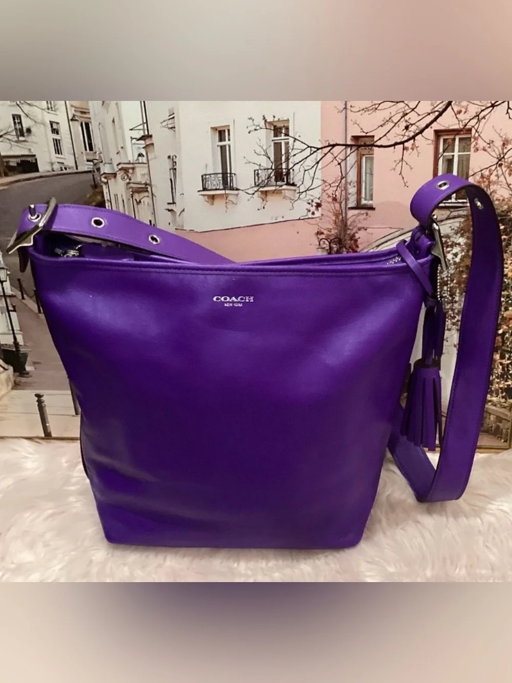 Coach Purple Leather Shoulder/Crossbody Bag – Tassel Detail – Silver Hardware